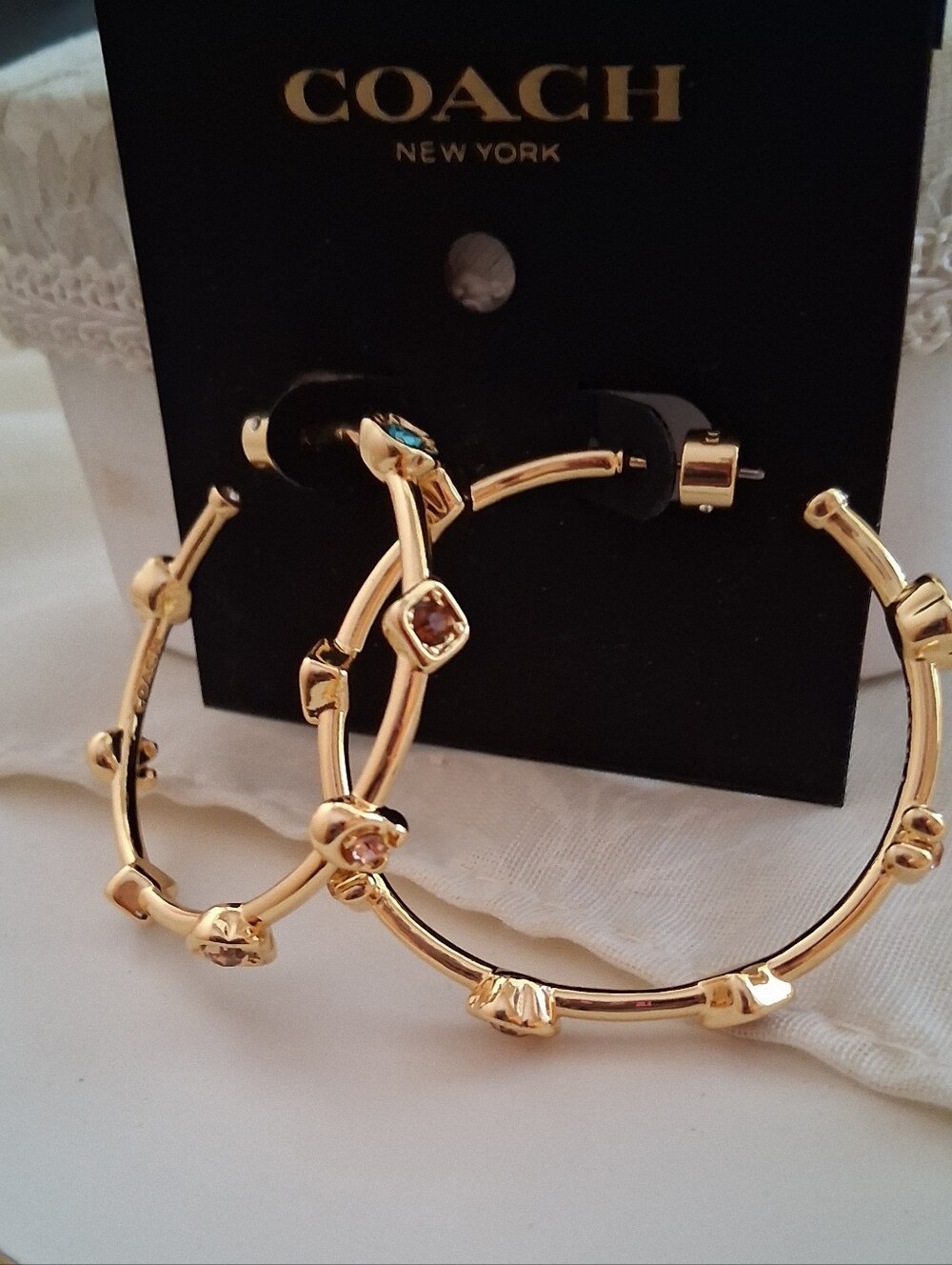 Authenic Coach Gold Hoop Earrings with Faceted Crystal Stations NWOT Large Size.